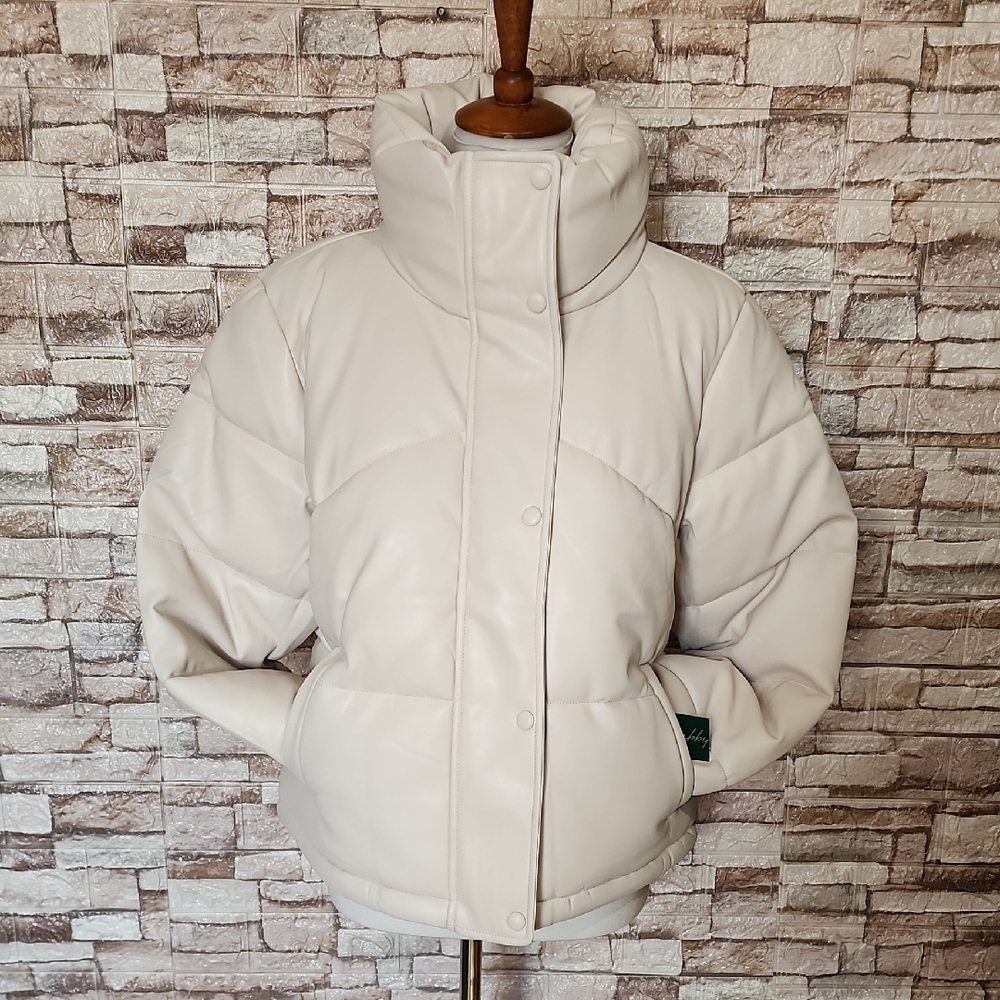 Sebby Short Faux Leather Puffer Cream Jacket Ivory Color